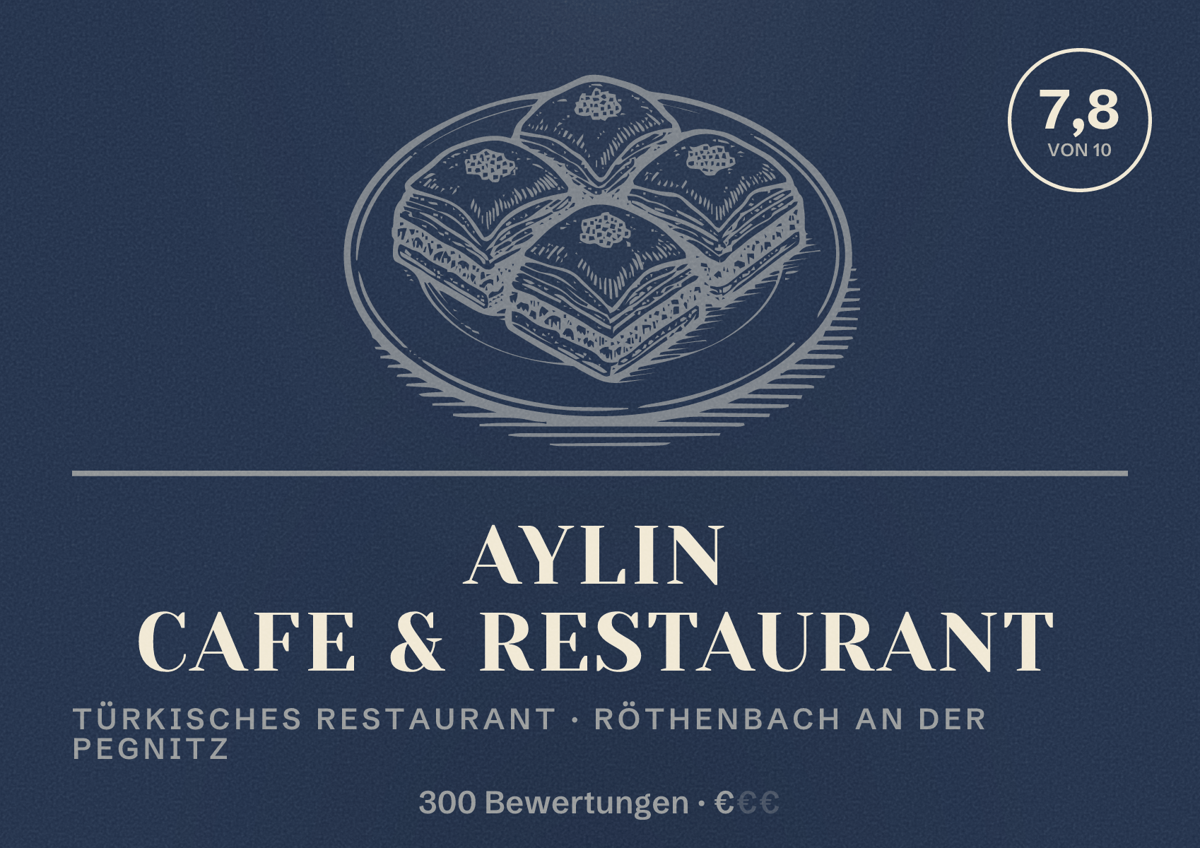 Illustriertes Poster von Aylin Cafe & Restaurant, Türkisches Restaurant in Röthenbach an der Pegnitz: Bewertung 7,8 von 10 aus 300 Bewertungen, Preisniveau €