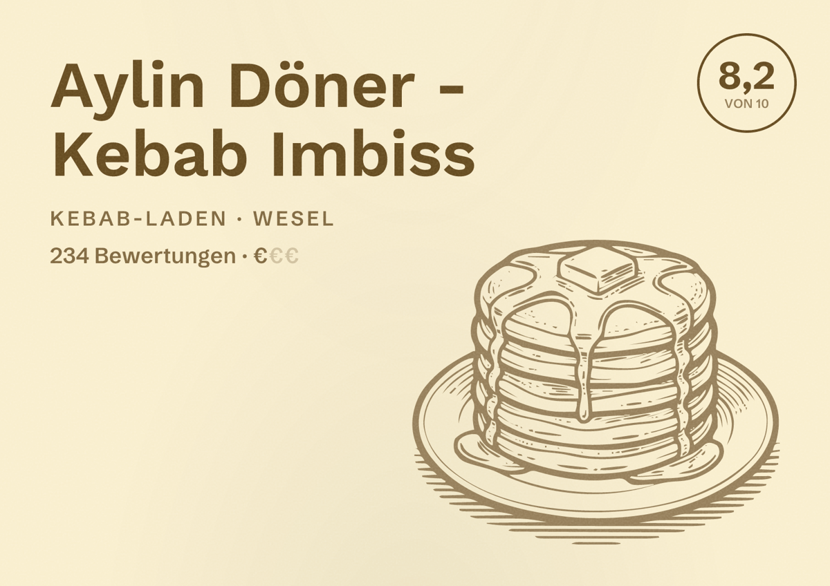 Illustriertes Poster von Aylin Döner - Kebab Imbiss, Kebab-Laden in Wesel: Bewertung 8,2 von 10 aus 234 Bewertungen, Preisniveau €