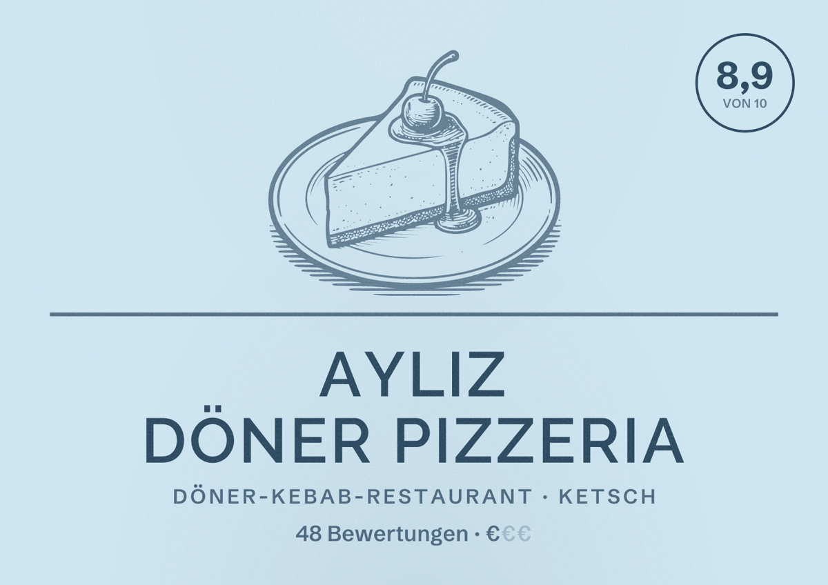 Illustriertes Poster von Ayliz Döner Pizzeria, Döner-Kebab-Restaurant in Ketsch: Bewertung 8,9 von 10 aus 48 Bewertungen, Preisniveau €