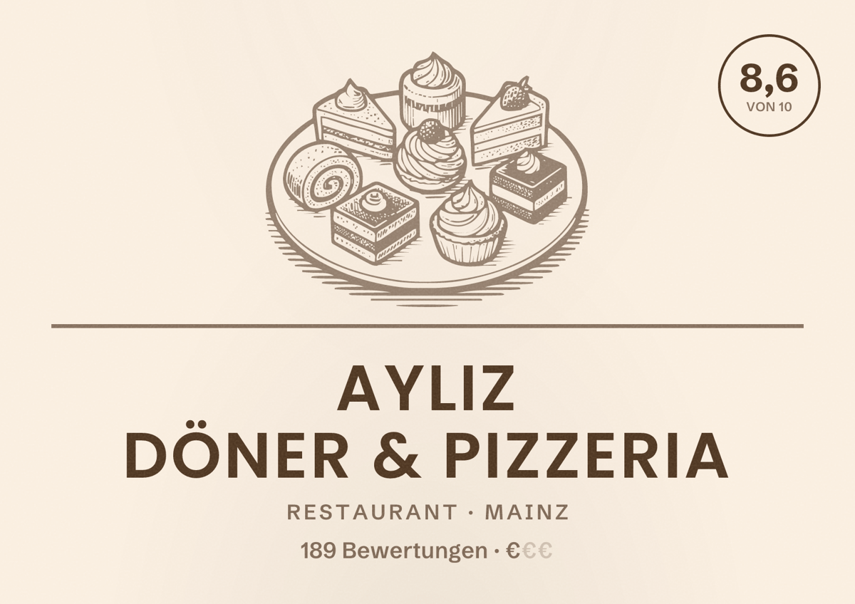 Illustriertes Poster von Ayliz Döner & Pizzeria, Restaurant in Mainz: Bewertung 8,6 von 10 aus 189 Bewertungen, Preisniveau €