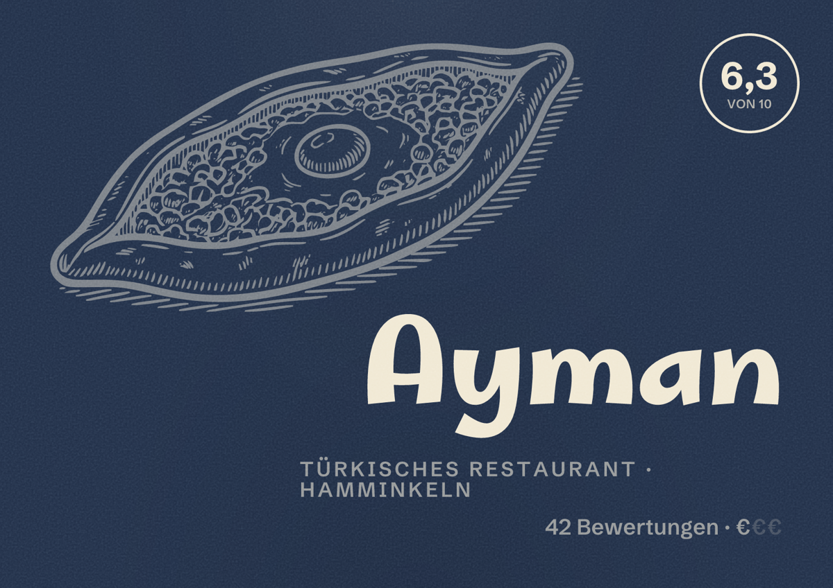 Illustriertes Poster von Ayman, Türkisches Restaurant in Hamminkeln: Bewertung 6,3 von 10 aus 42 Bewertungen, Preisniveau €