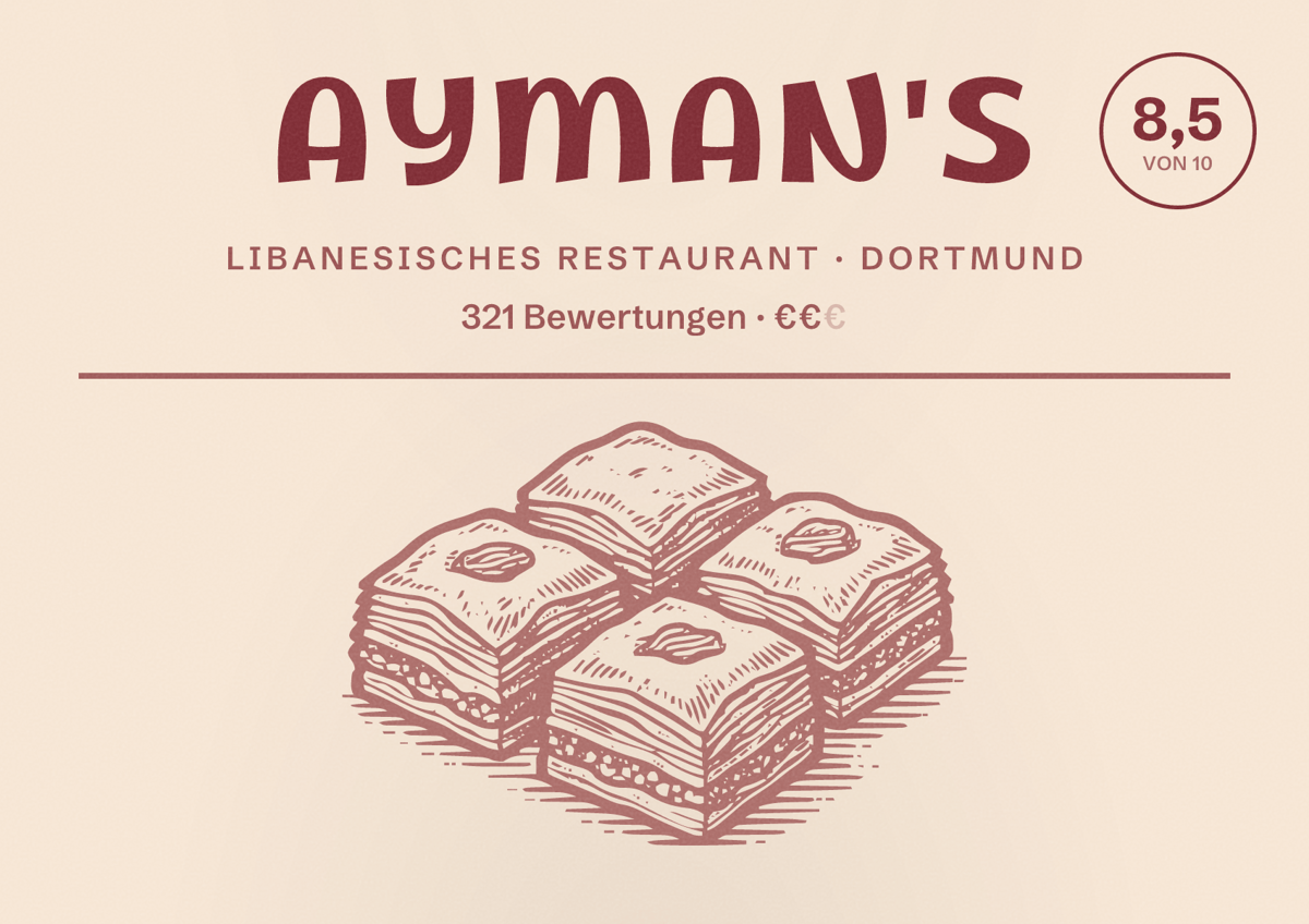 Illustriertes Poster von Ayman's, Libanesisches Restaurant in Dortmund: Bewertung 8,5 von 10 aus 321 Bewertungen, Preisniveau €€