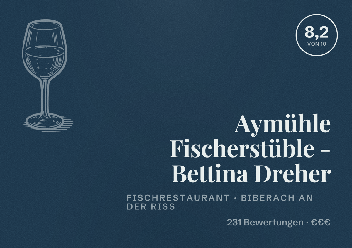 Illustriertes Poster von Aymühle Fischerstüble - Bettina Dreher, Fischrestaurant in Biberach an der Riß: Bewertung 8,2 von 10 aus 231 Bewertungen, Preisniveau €€€