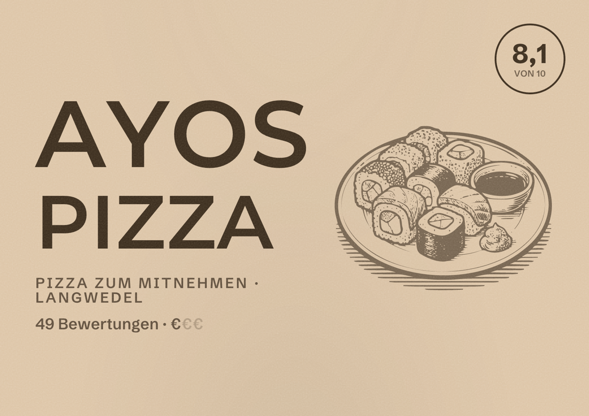 Illustriertes Poster von Ayos Pizza, Pizza zum Mitnehmen in Langwedel: Bewertung 8,1 von 10 aus 49 Bewertungen, Preisniveau €