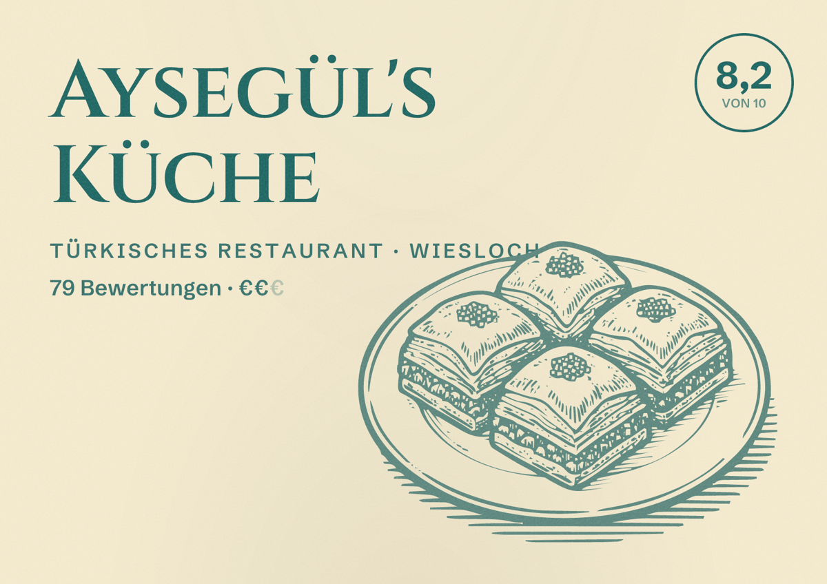 Illustriertes Poster von Aysegül's Küche, Türkisches Restaurant in Wiesloch: Bewertung 8,2 von 10 aus 79 Bewertungen, Preisniveau €€