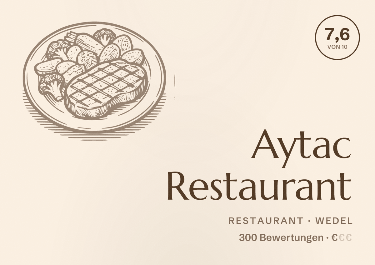 Illustriertes Poster von Aytac Restaurant, Restaurant in Wedel: Bewertung 7,6 von 10 aus 300 Bewertungen, Preisniveau €