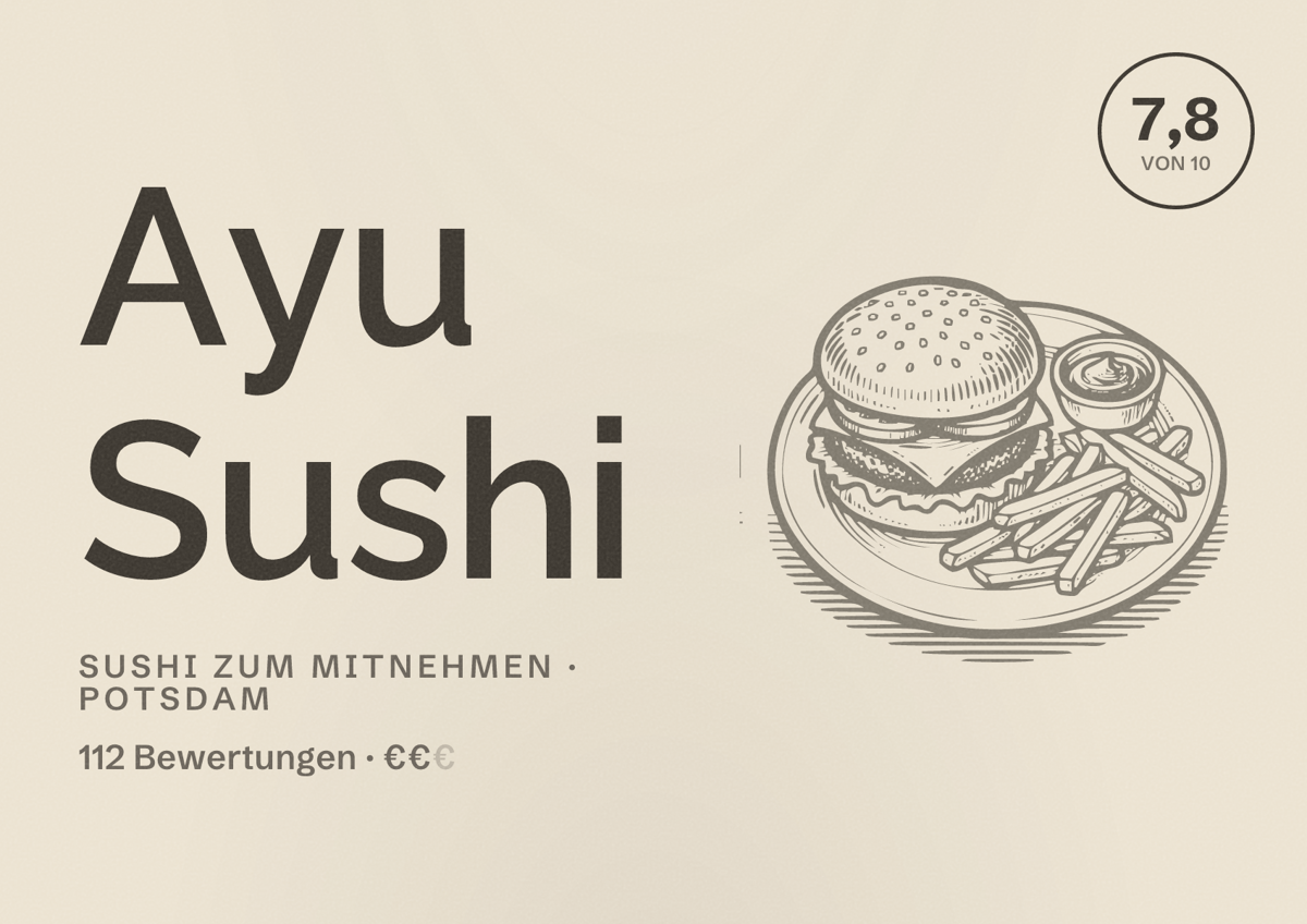 Illustriertes Poster von Ayu Sushi, Sushi zum Mitnehmen in Potsdam: Bewertung 7,8 von 10 aus 112 Bewertungen, Preisniveau €€