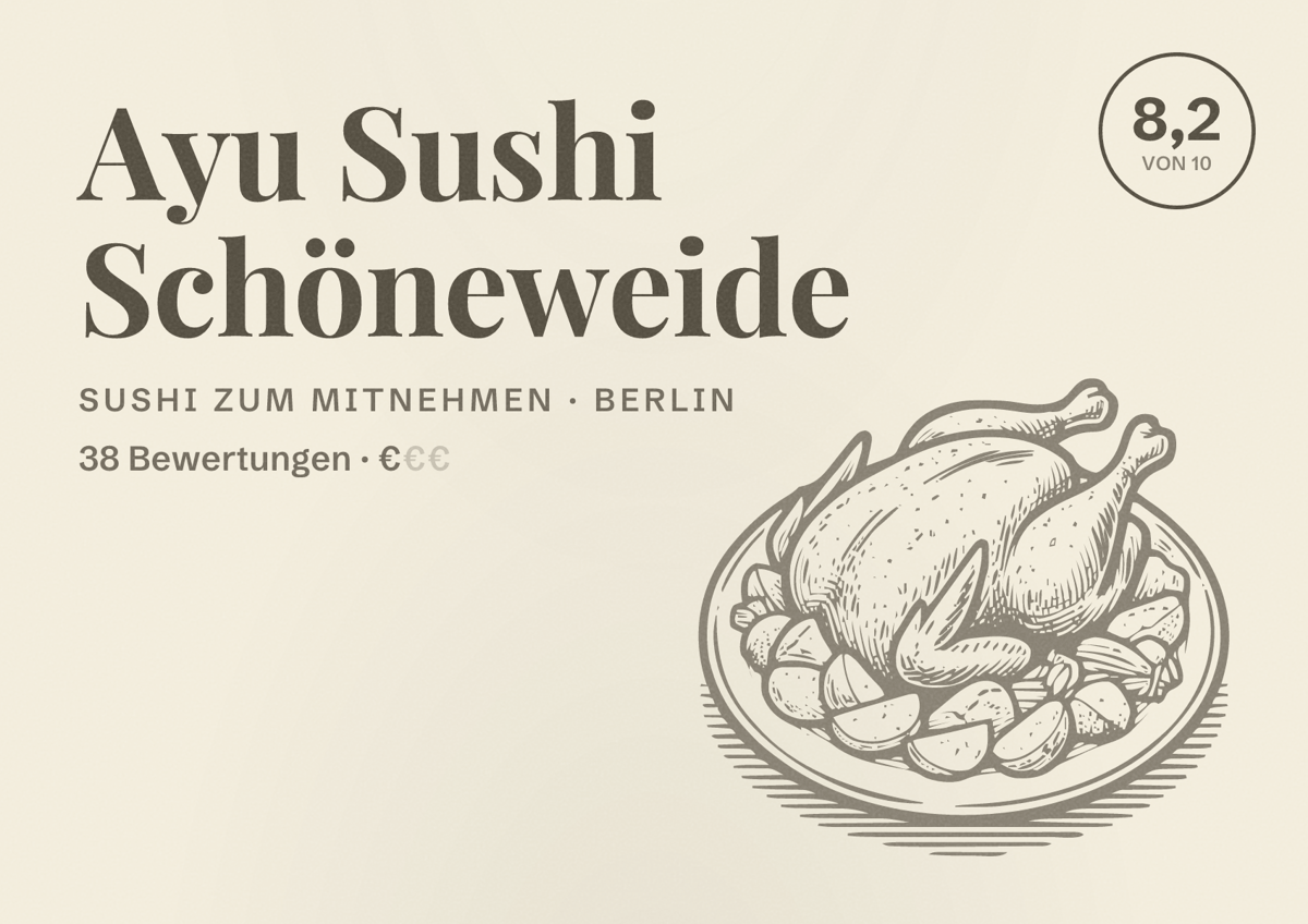 Illustriertes Poster von Ayu Sushi Schöneweide, Sushi zum Mitnehmen in Berlin: Bewertung 8,2 von 10 aus 38 Bewertungen, Preisniveau €