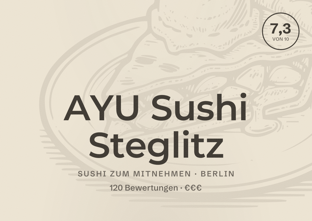 Illustriertes Poster von AYU Sushi Steglitz, Sushi zum Mitnehmen in Berlin: Bewertung 7,3 von 10 aus 120 Bewertungen, Preisniveau €€€