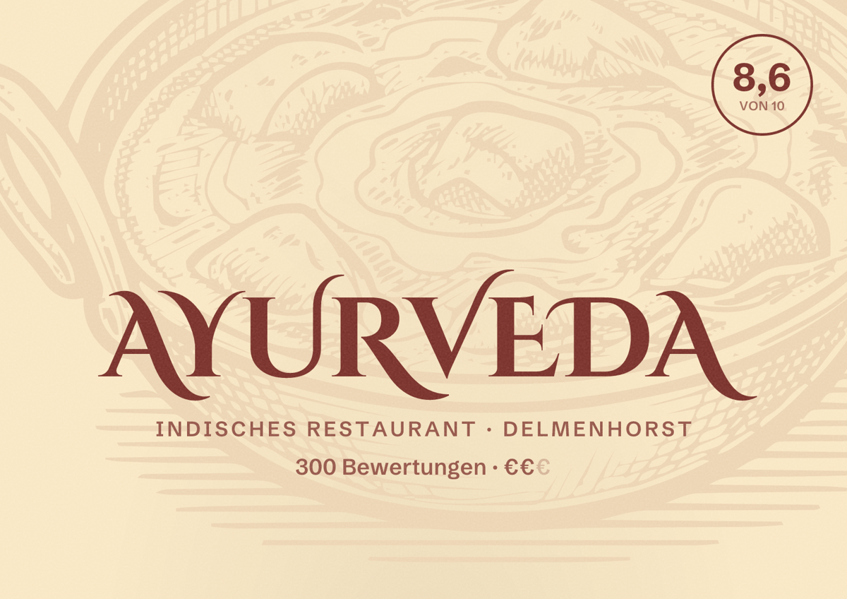 Illustriertes Poster von Ayurveda, Indisches Restaurant in Delmenhorst: Bewertung 8,6 von 10 aus 300 Bewertungen, Preisniveau €€