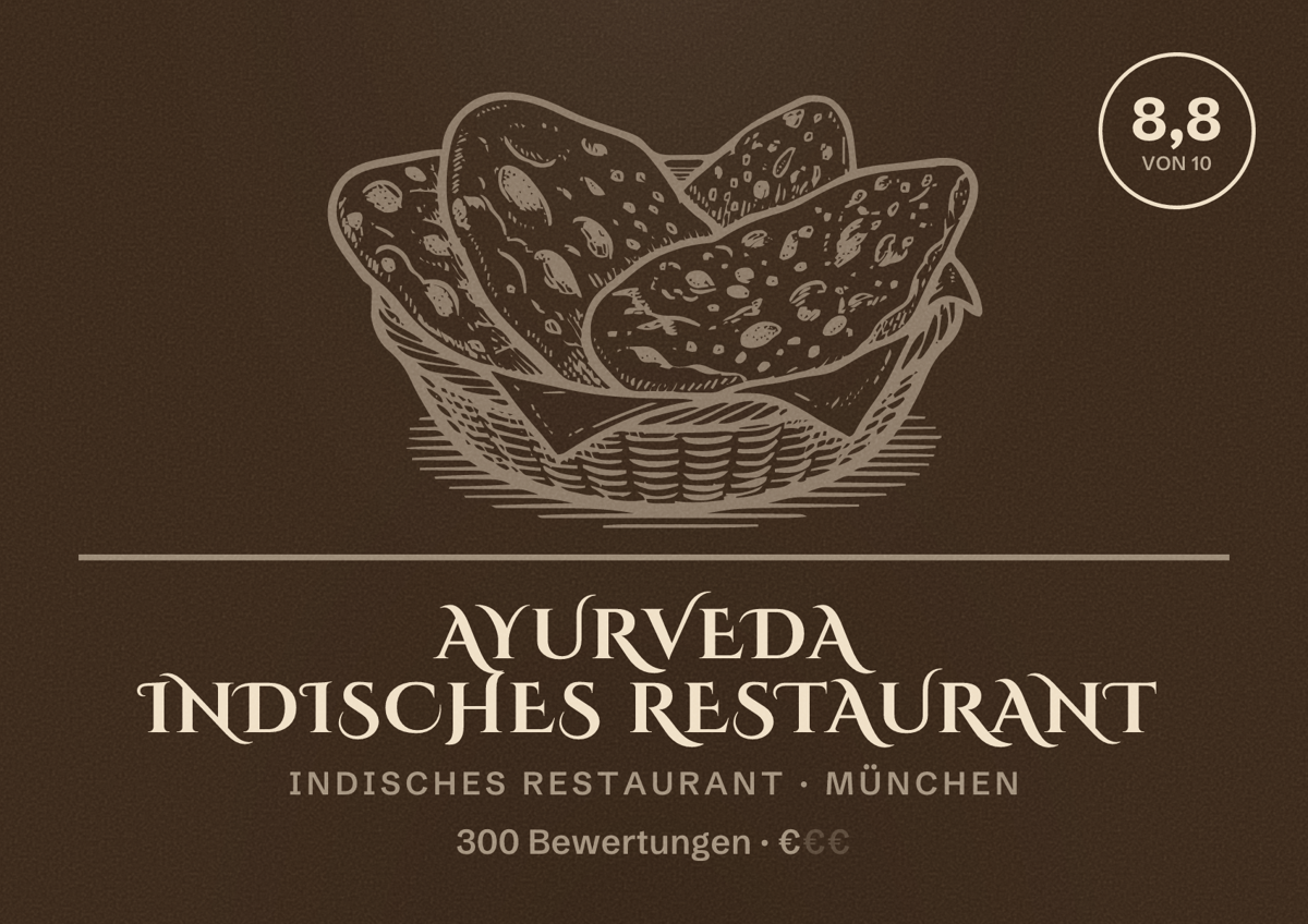 Illustriertes Poster von AYURVEDA Indisches Restaurant, Indisches Restaurant in München: Bewertung 8,8 von 10 aus 300 Bewertungen, Preisniveau €