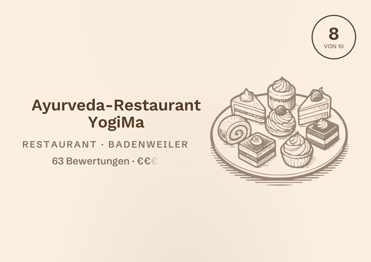 Illustriertes Poster von Ayurveda-Restaurant YogiMa, Restaurant in Badenweiler: Bewertung 8 von 10 aus 63 Bewertungen, Preisniveau €€