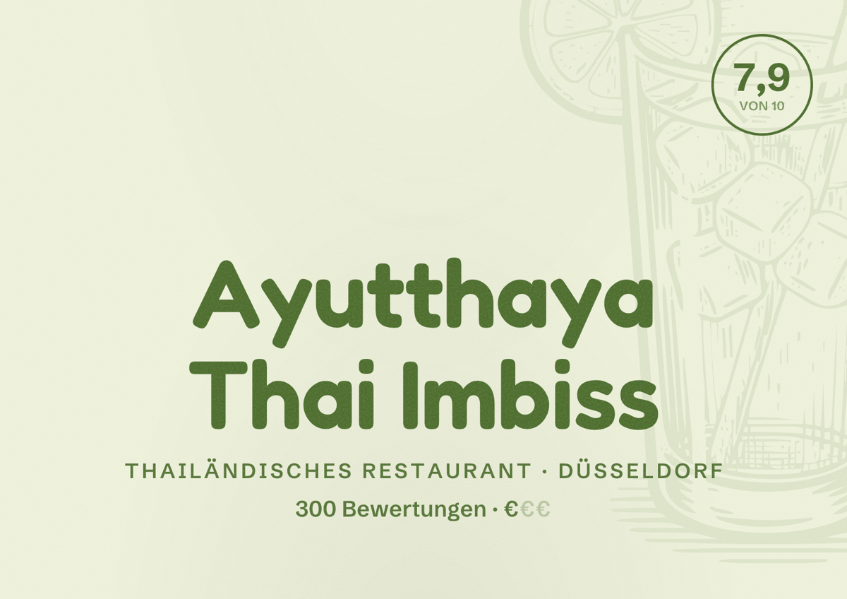 Illustriertes Poster von Ayutthaya Thai Imbiss, Thailändisches Restaurant in Düsseldorf: Bewertung 7,9 von 10 aus 300 Bewertungen, Preisniveau €