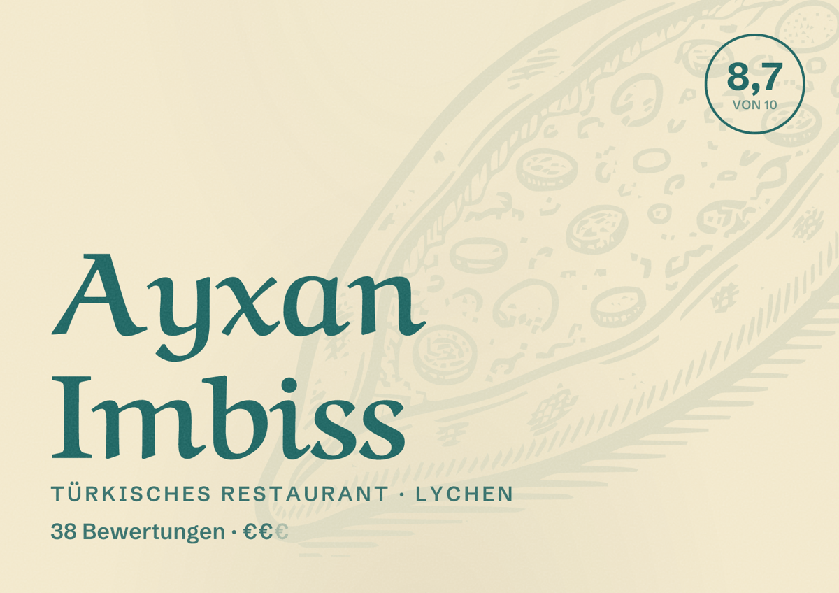 Illustriertes Poster von Ayxan Imbiss, Türkisches Restaurant in Lychen: Bewertung 8,7 von 10 aus 38 Bewertungen, Preisniveau €€