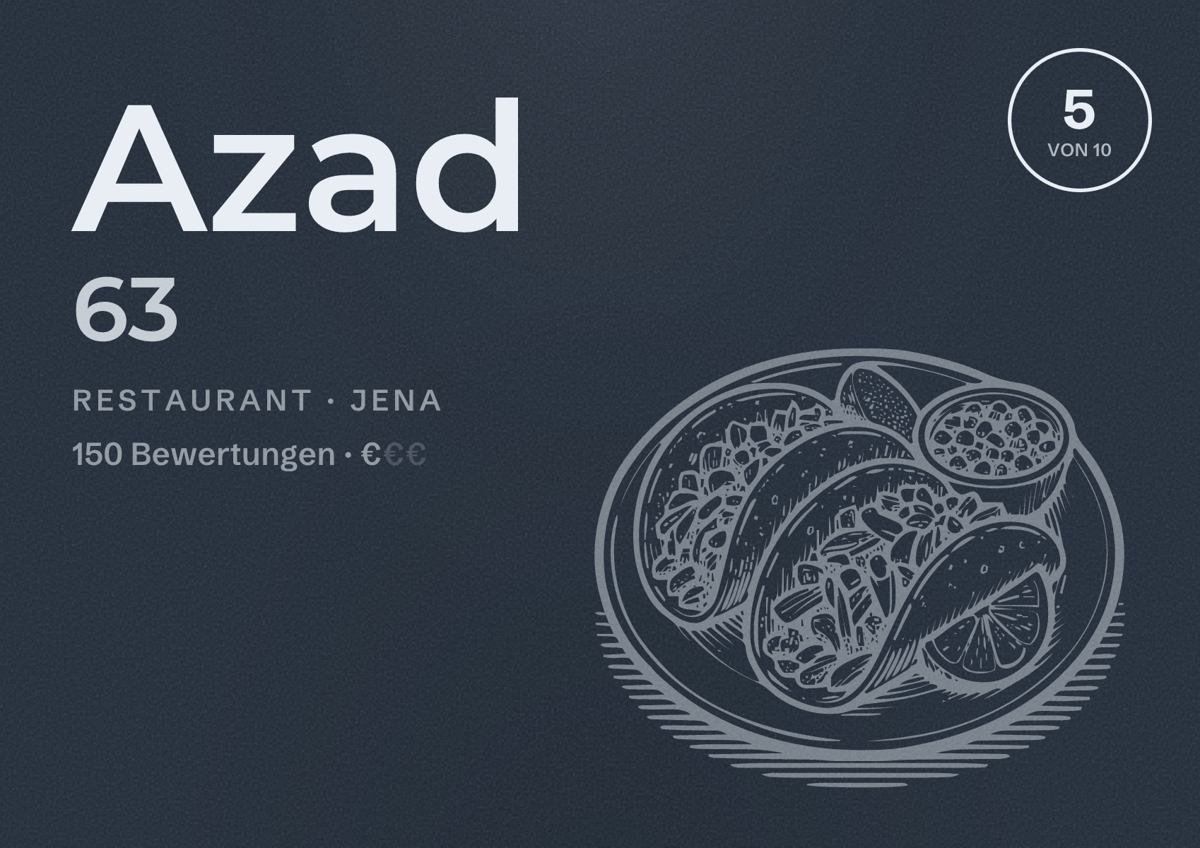 Illustriertes Poster von Azad 63, Restaurant in Jena: Bewertung 5 von 10 aus 150 Bewertungen, Preisniveau €