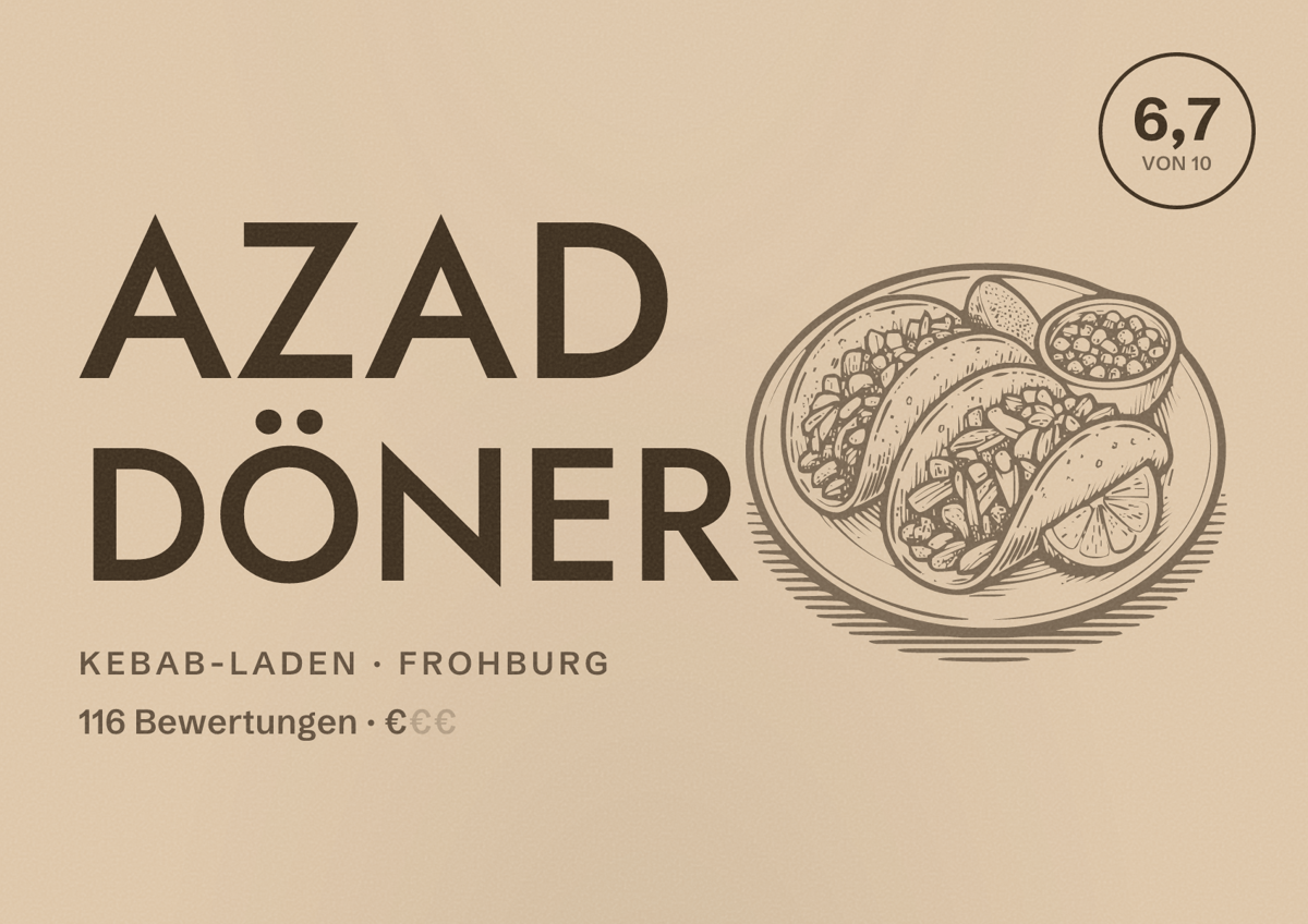 Illustriertes Poster von Azad Döner, Kebab-Laden in Frohburg: Bewertung 6,7 von 10 aus 116 Bewertungen, Preisniveau €