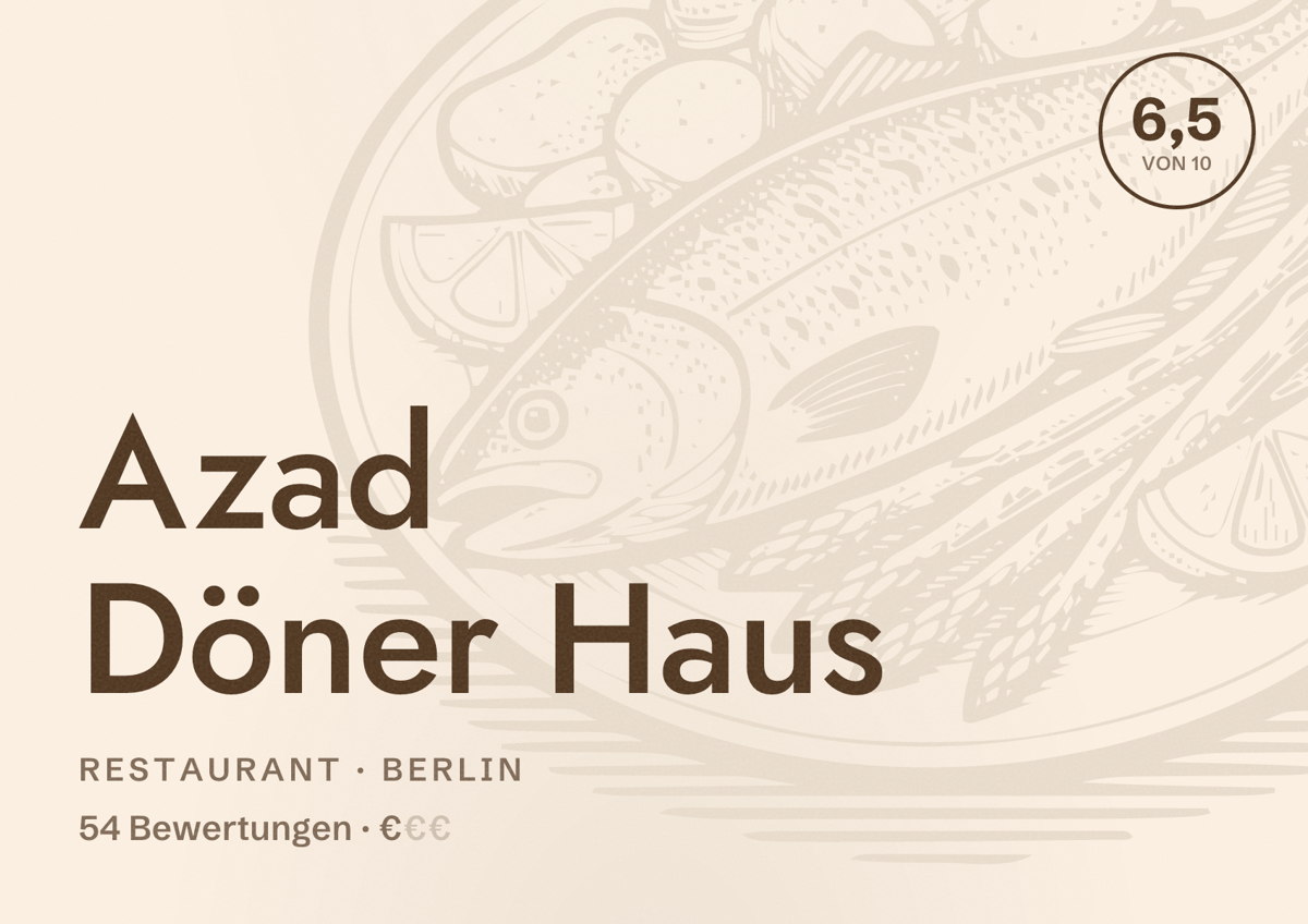 Illustriertes Poster von Azad Döner Haus, Restaurant in Berlin: Bewertung 6,5 von 10 aus 54 Bewertungen, Preisniveau €