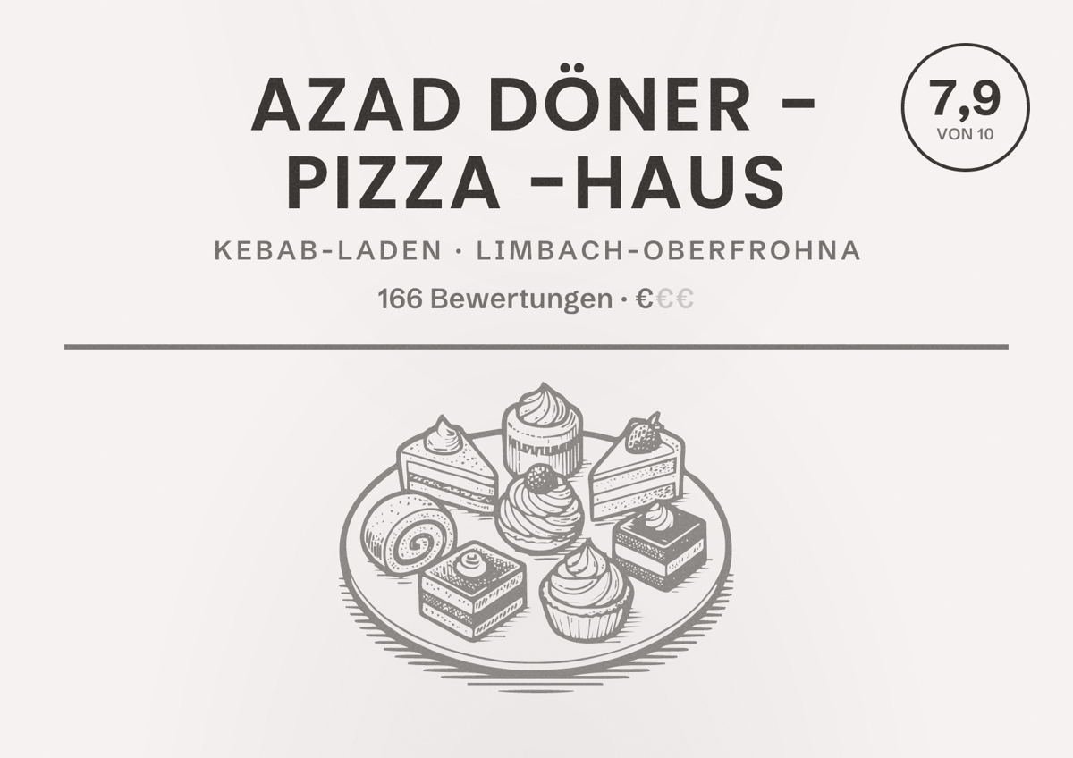 Illustriertes Poster von AZAD Döner - Pizza -Haus, Kebab-Laden in Limbach-Oberfrohna: Bewertung 7,9 von 10 aus 166 Bewertungen, Preisniveau €