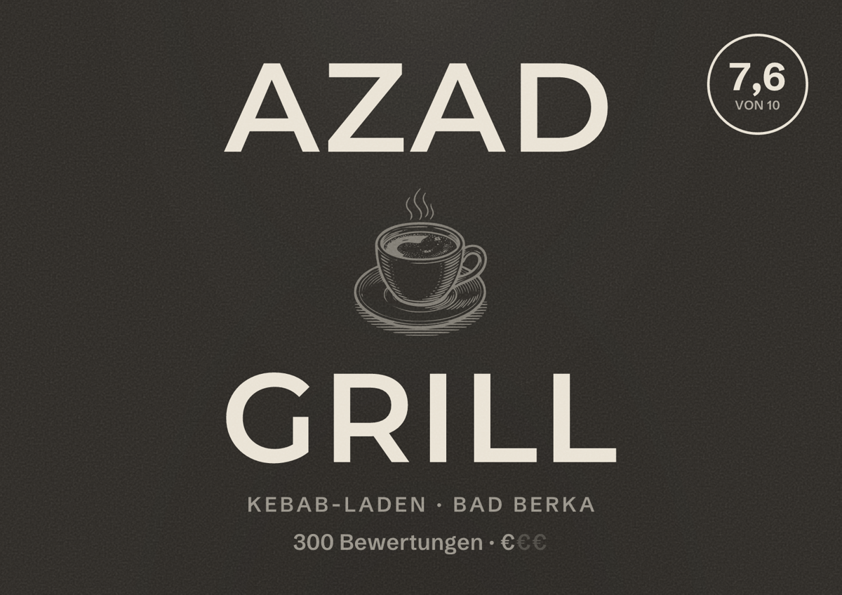 Illustriertes Poster von Azad Grill, Kebab-Laden in Bad Berka: Bewertung 7,6 von 10 aus 300 Bewertungen, Preisniveau €
