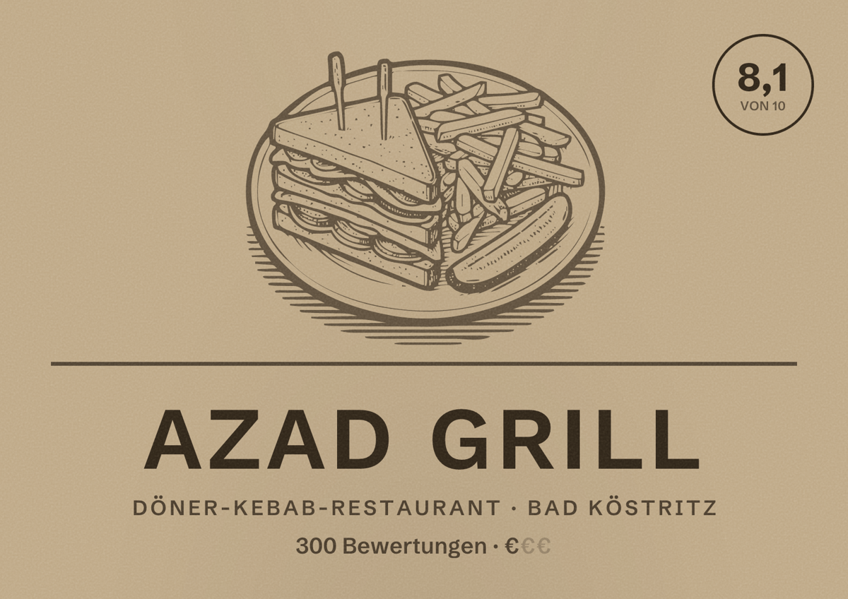 Illustriertes Poster von AZAD GRILL, Döner-Kebab-Restaurant in Bad Köstritz: Bewertung 8,1 von 10 aus 300 Bewertungen, Preisniveau €