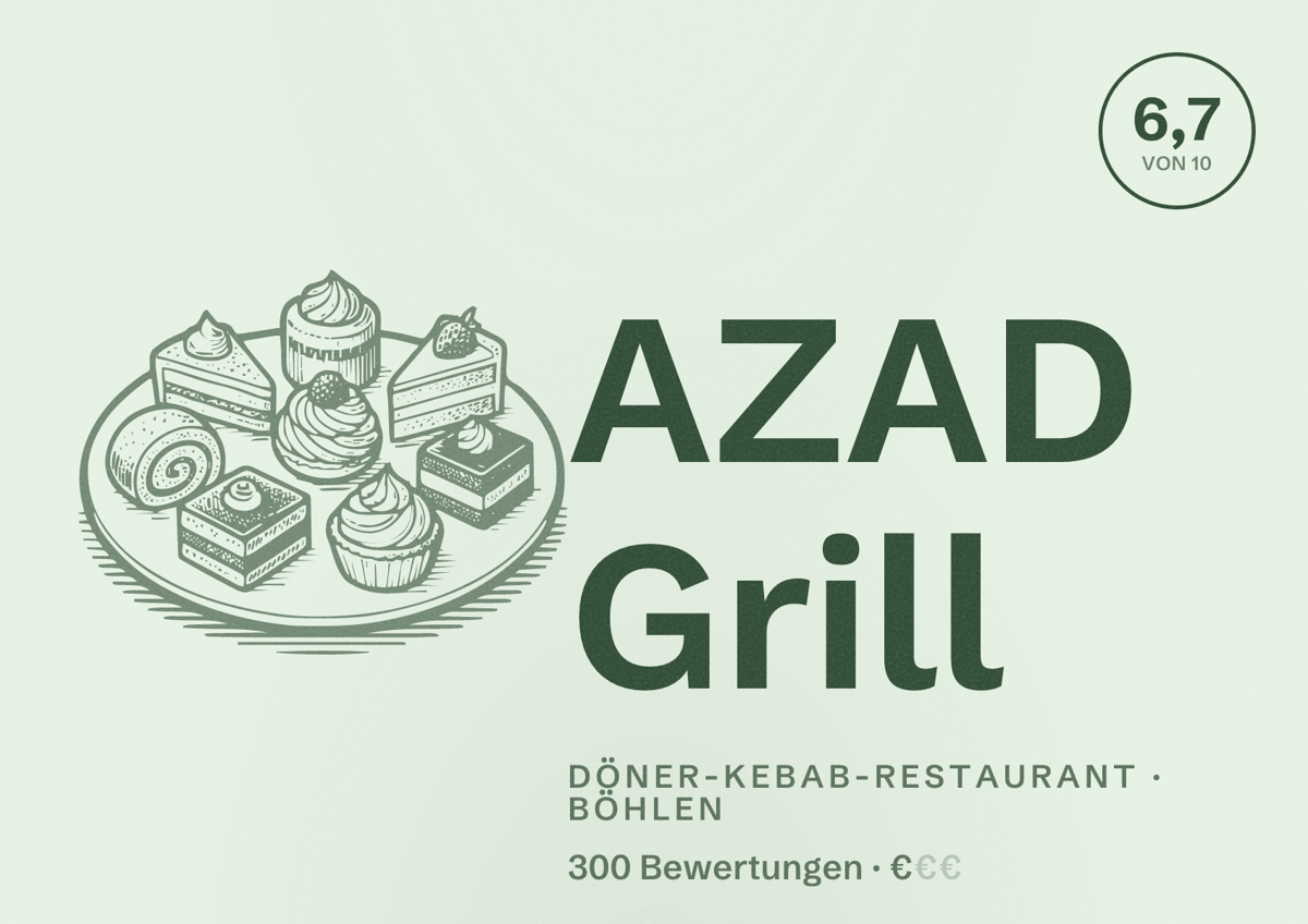 Illustriertes Poster von AZAD Grill, Döner-Kebab-Restaurant in Böhlen: Bewertung 6,7 von 10 aus 300 Bewertungen, Preisniveau €
