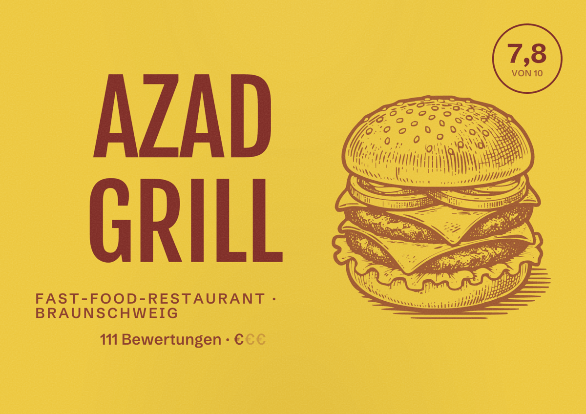 Illustriertes Poster von AZAD GRILL, Fast-Food-Restaurant in Braunschweig: Bewertung 7,8 von 10 aus 111 Bewertungen, Preisniveau €