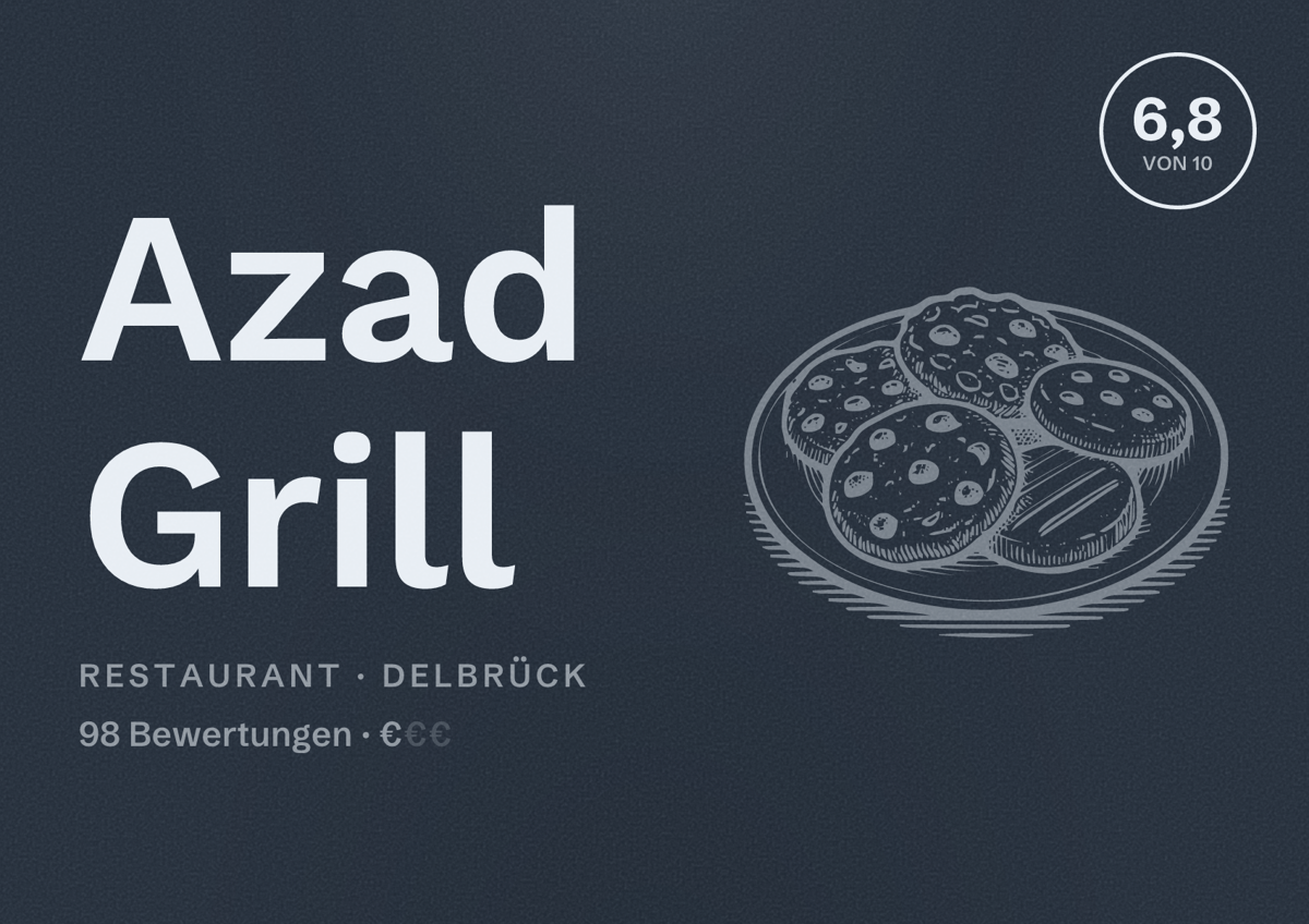Illustriertes Poster von Azad Grill, Restaurant in Delbrück: Bewertung 6,8 von 10 aus 98 Bewertungen, Preisniveau €
