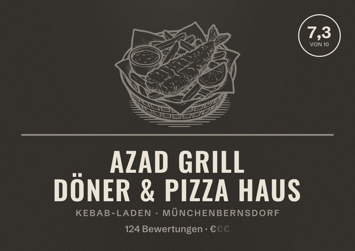 Illustriertes Poster von Azad Grill Döner & Pizza Haus, Kebab-Laden in Münchenbernsdorf: Bewertung 7,3 von 10 aus 124 Bewertungen, Preisniveau €