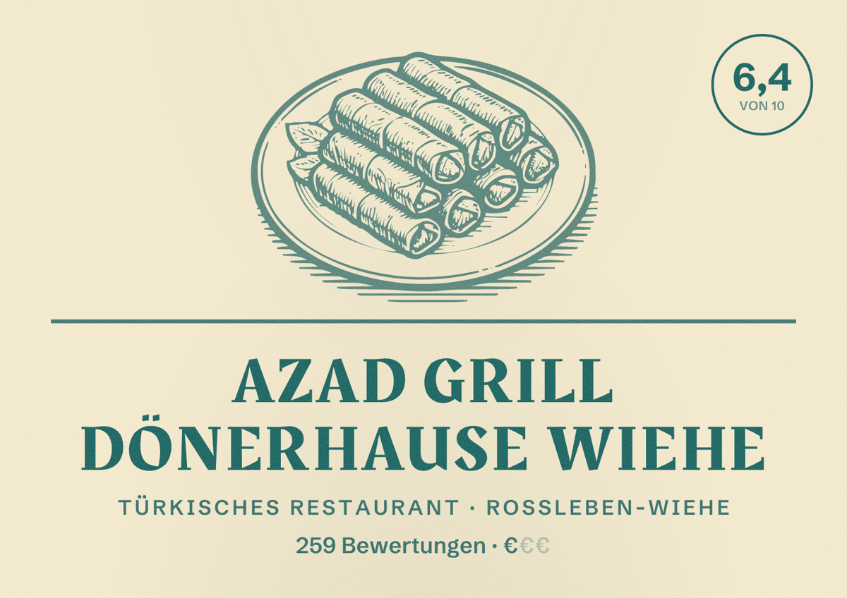 Illustriertes Poster von AZAD GRILL Dönerhause wiehe, Türkisches Restaurant in Roßleben-Wiehe: Bewertung 6,4 von 10 aus 259 Bewertungen, Preisniveau €