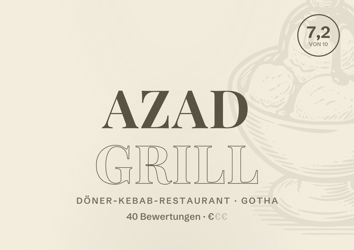 Illustriertes Poster von Azad Grill, Döner-Kebab-Restaurant in Gotha: Bewertung 7,2 von 10 aus 40 Bewertungen, Preisniveau €