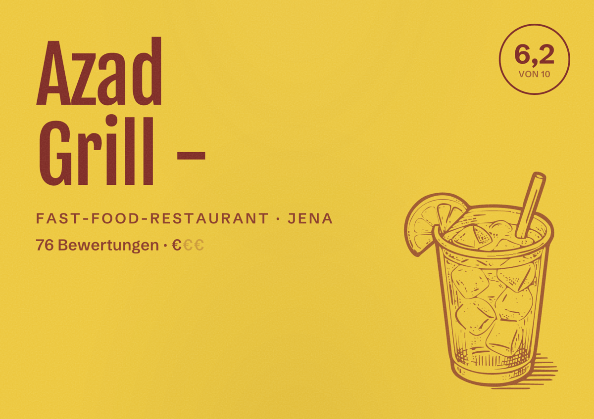 Illustriertes Poster von Azad Grill -, Fast-Food-Restaurant in Jena: Bewertung 6,2 von 10 aus 76 Bewertungen, Preisniveau €