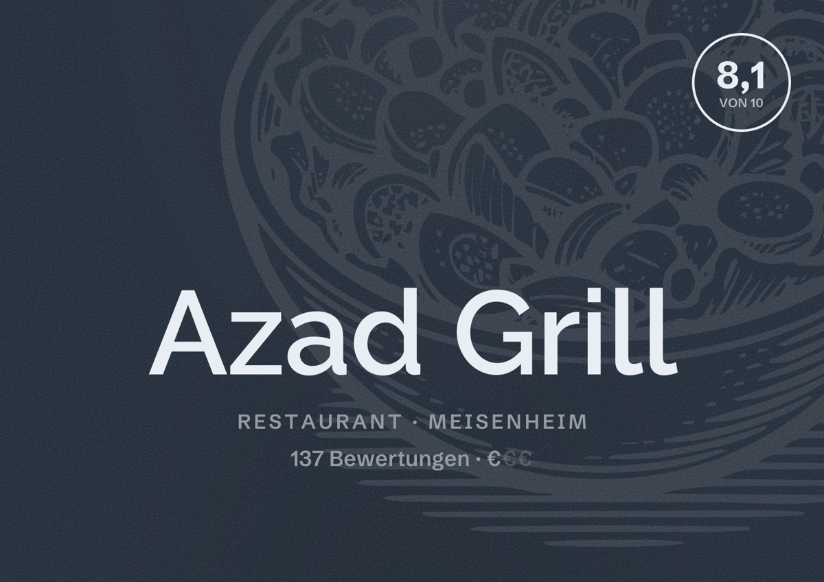 Illustriertes Poster von Azad Grill, Restaurant in Meisenheim: Bewertung 8,1 von 10 aus 137 Bewertungen, Preisniveau €