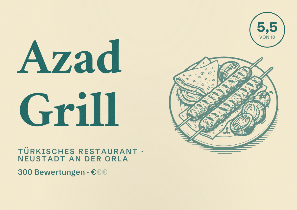 Illustriertes Poster von Azad Grill, Türkisches Restaurant in Neustadt an der Orla: Bewertung 5,5 von 10 aus 300 Bewertungen, Preisniveau €