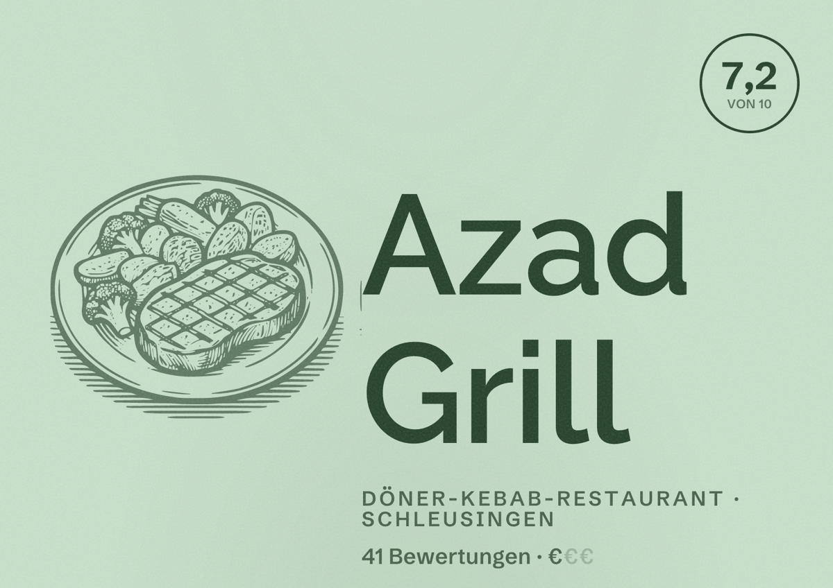 Illustriertes Poster von Azad Grill, Döner-Kebab-Restaurant in Schleusingen: Bewertung 7,2 von 10 aus 41 Bewertungen, Preisniveau €