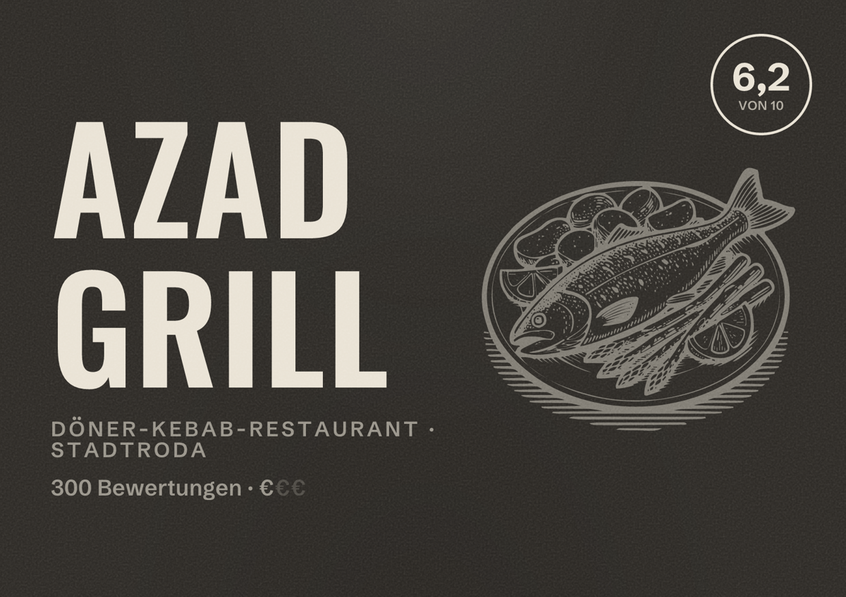 Illustriertes Poster von Azad Grill, Döner-Kebab-Restaurant in Stadtroda: Bewertung 6,2 von 10 aus 300 Bewertungen, Preisniveau €