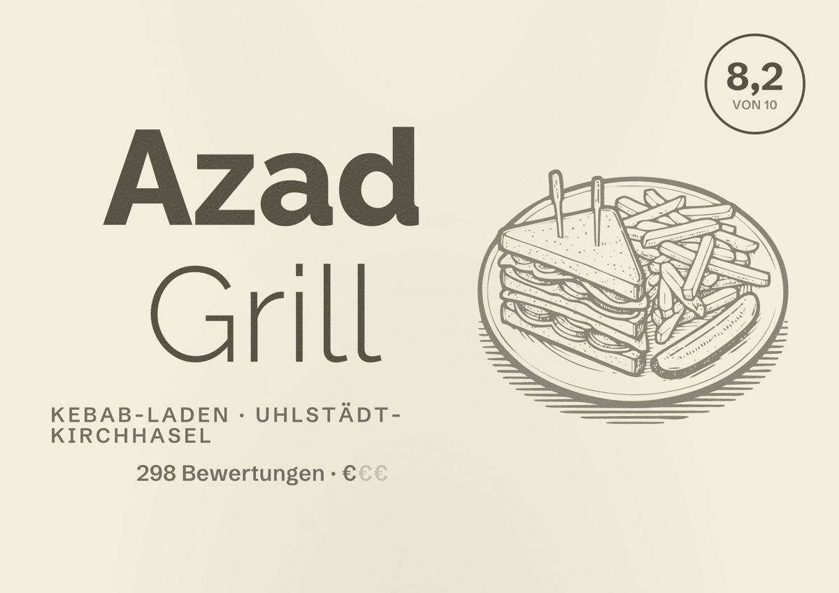 Illustriertes Poster von Azad Grill, Kebab-Laden in Uhlstädt-Kirchhasel: Bewertung 8,2 von 10 aus 298 Bewertungen, Preisniveau €