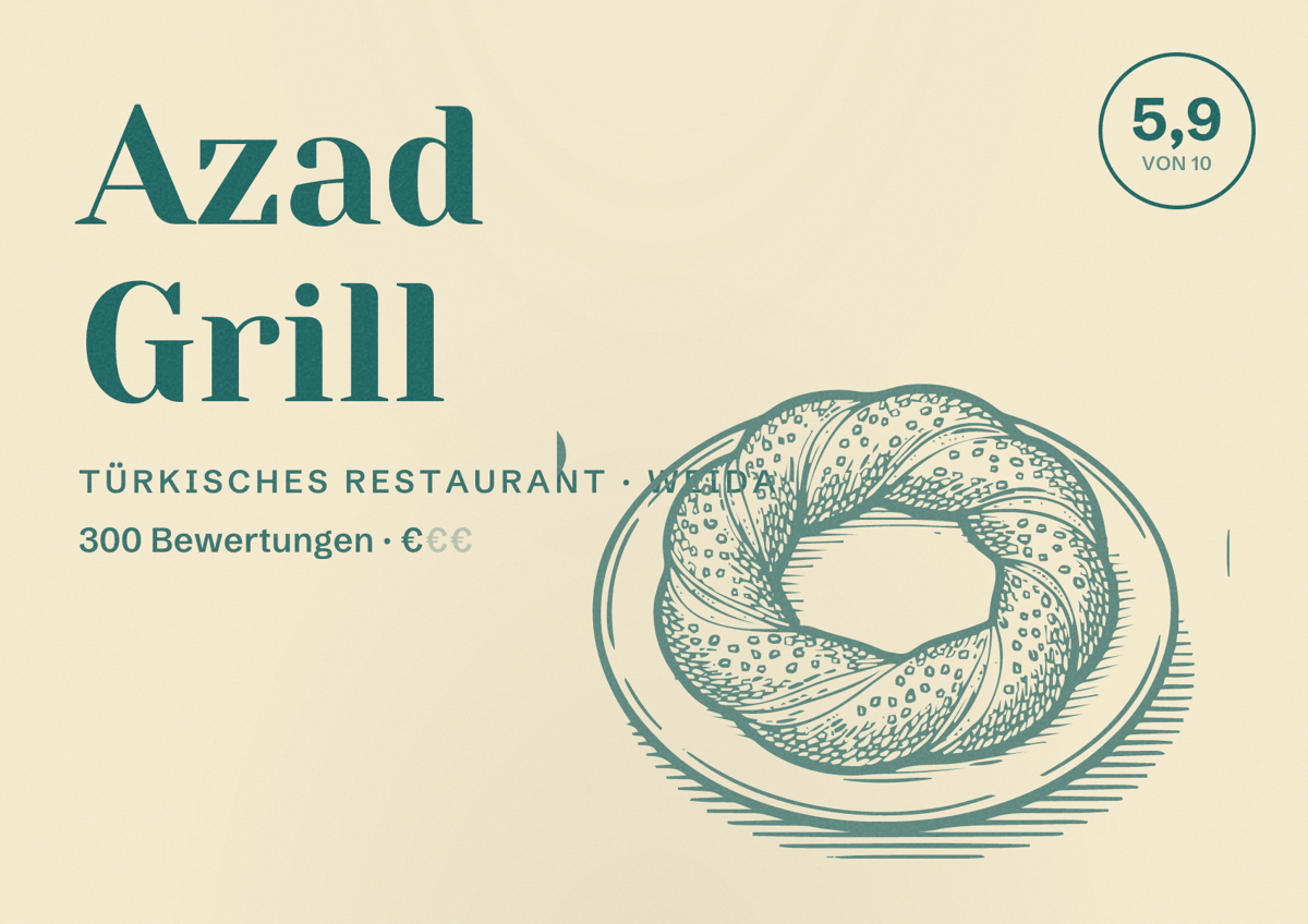 Illustriertes Poster von Azad Grill, Türkisches Restaurant in Weida: Bewertung 5,9 von 10 aus 300 Bewertungen, Preisniveau €
