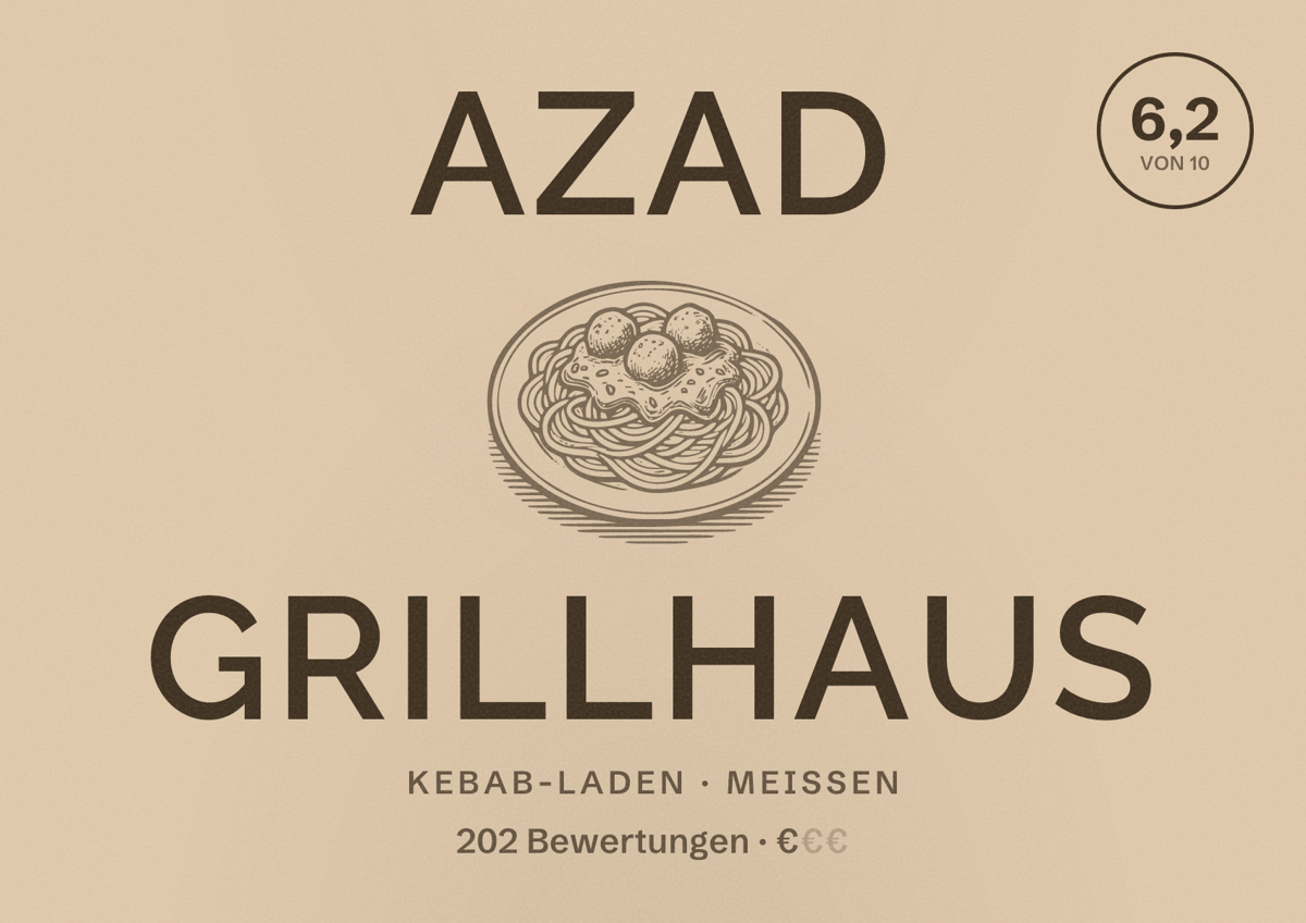 Illustriertes Poster von Azad Grillhaus, Kebab-Laden in Meißen: Bewertung 6,2 von 10 aus 202 Bewertungen, Preisniveau €