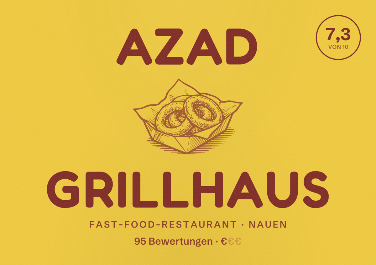 Illustriertes Poster von AZAD Grillhaus, Fast-Food-Restaurant in Nauen: Bewertung 7,3 von 10 aus 95 Bewertungen, Preisniveau €