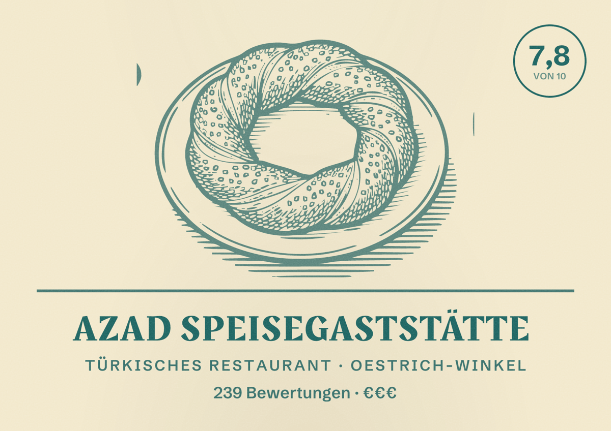 Illustriertes Poster von Azad Speisegaststätte, Türkisches Restaurant in Oestrich-Winkel: Bewertung 7,8 von 10 aus 239 Bewertungen, Preisniveau €€€