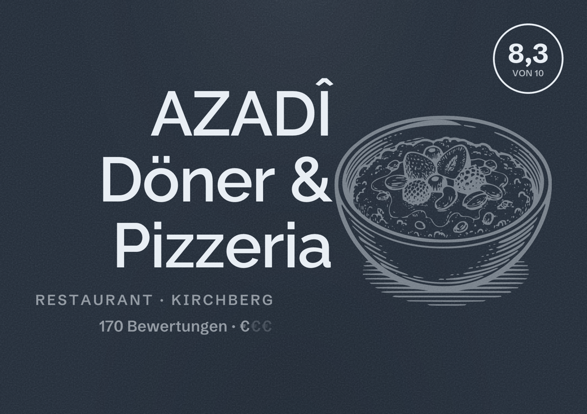 Illustriertes Poster von AZADÎ Döner & Pizzeria, Restaurant in Kirchberg: Bewertung 8,3 von 10 aus 170 Bewertungen, Preisniveau €