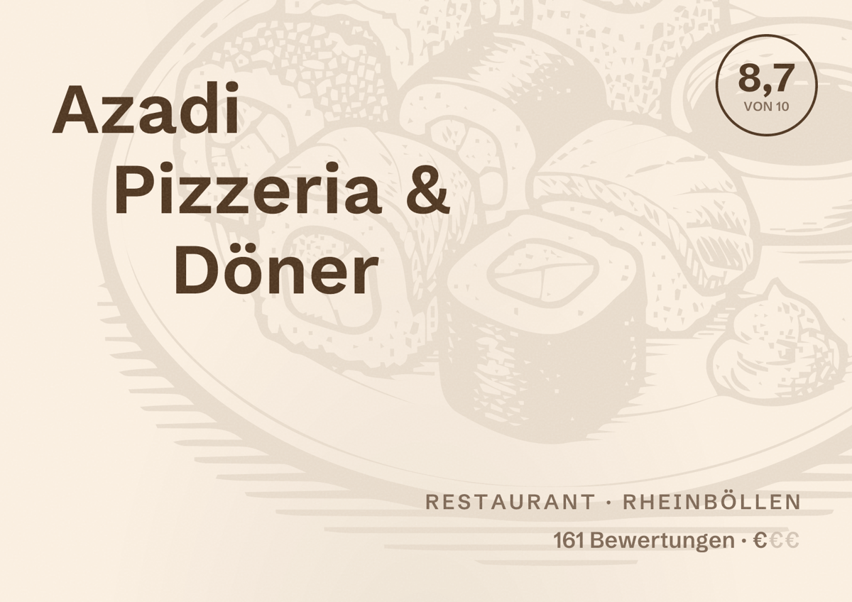 Illustriertes Poster von Azadi Pizzeria & Döner, Restaurant in Rheinböllen: Bewertung 8,7 von 10 aus 161 Bewertungen, Preisniveau €