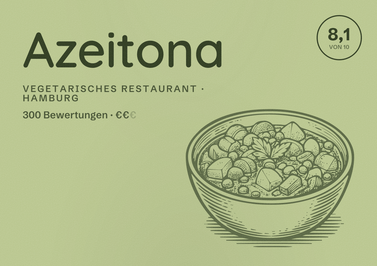 Illustriertes Poster von Azeitona, Vegetarisches Restaurant in Hamburg: Bewertung 8,1 von 10 aus 300 Bewertungen, Preisniveau €€
