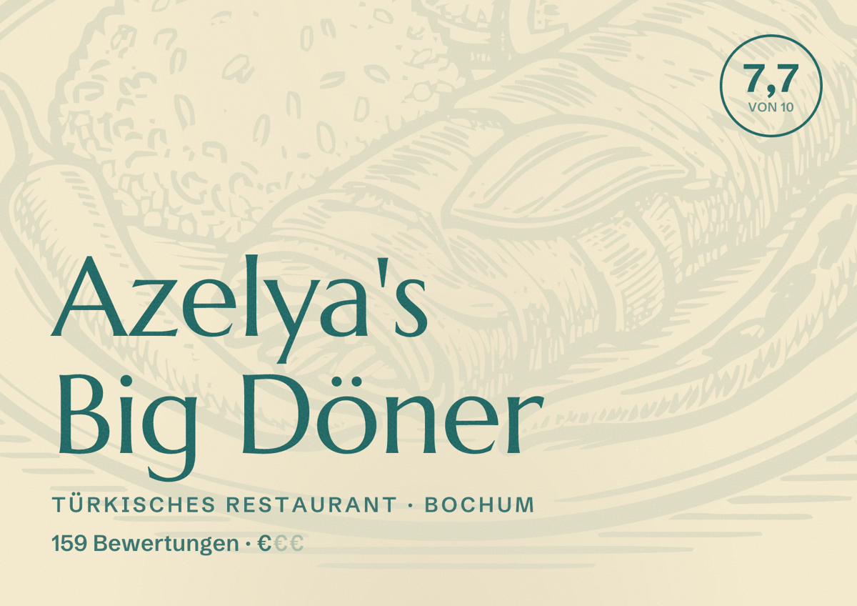 Illustriertes Poster von Azelya's Big Döner, Türkisches Restaurant in Bochum: Bewertung 7,7 von 10 aus 159 Bewertungen, Preisniveau €
