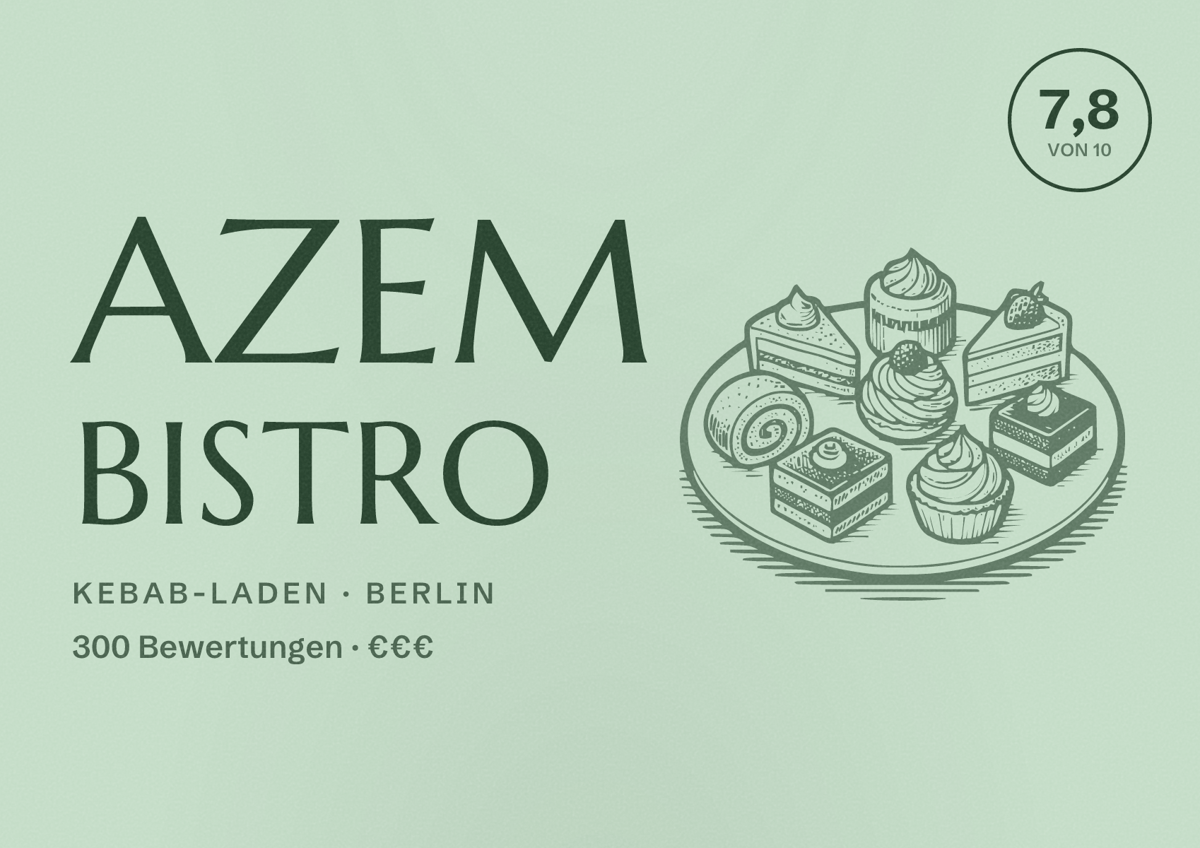 Illustriertes Poster von AZEM BISTRO, Kebab-Laden in Berlin: Bewertung 7,8 von 10 aus 300 Bewertungen, Preisniveau €€€