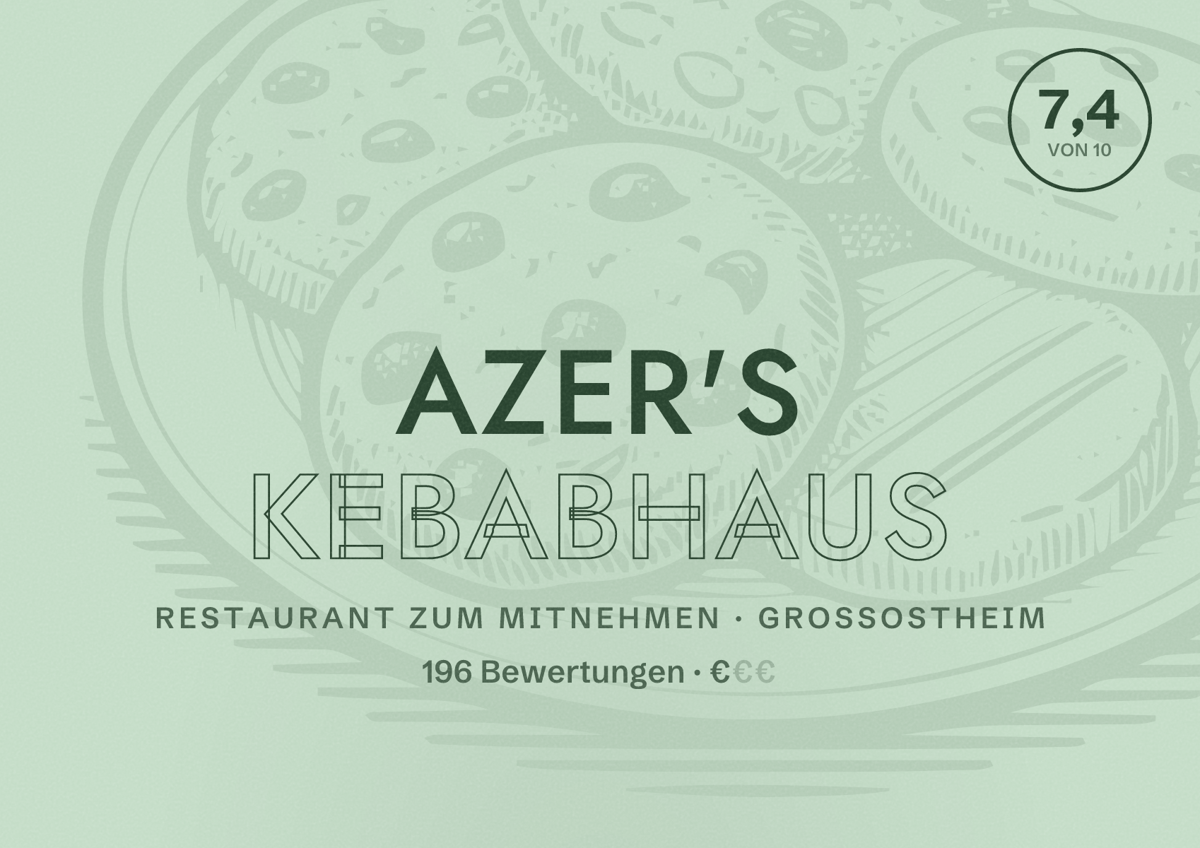 Illustriertes Poster von Azer's Kebabhaus, Restaurant zum Mitnehmen in Großostheim: Bewertung 7,4 von 10 aus 196 Bewertungen, Preisniveau €