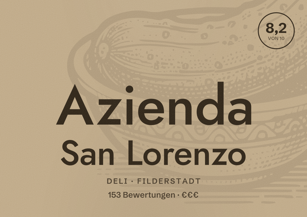 Illustriertes Poster von Azienda San Lorenzo, Deli in Filderstadt: Bewertung 8,2 von 10 aus 153 Bewertungen, Preisniveau €€€