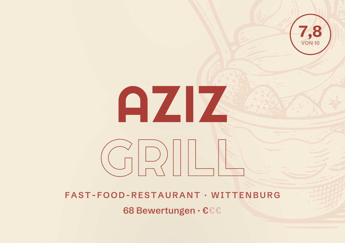 Illustriertes Poster von Aziz Grill, Fast-Food-Restaurant in Wittenburg: Bewertung 7,8 von 10 aus 68 Bewertungen, Preisniveau €