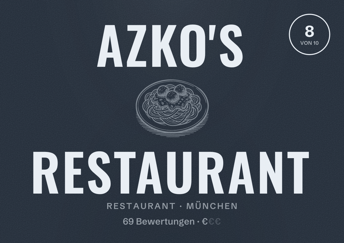 Illustriertes Poster von Azko's Restaurant, Restaurant in München: Bewertung 8,0 von 10 aus 69 Bewertungen, Preisniveau €