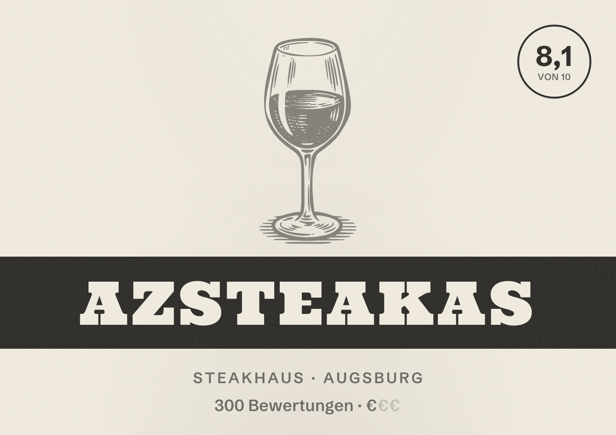Illustriertes Poster von Azsteakas, Steakhaus in Augsburg: Bewertung 8,1 von 10 aus 300 Bewertungen, Preisniveau €